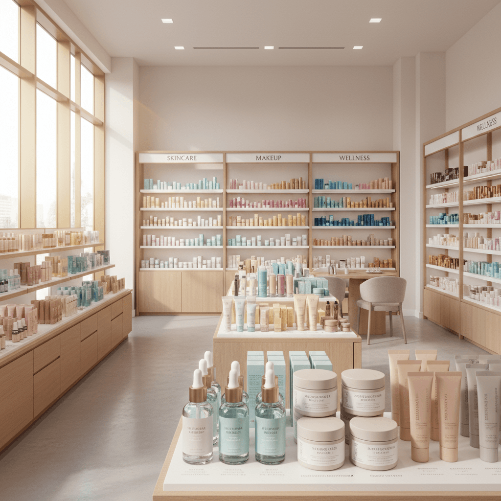 YOB EMPATHY BEAUTY product shelves with organized skincare and cosmetics