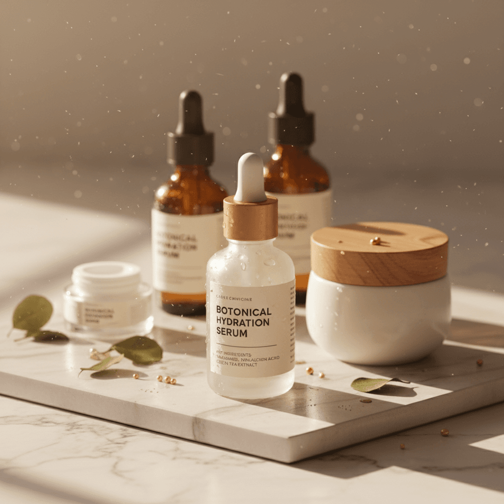 Skincare products displayed on marble surface