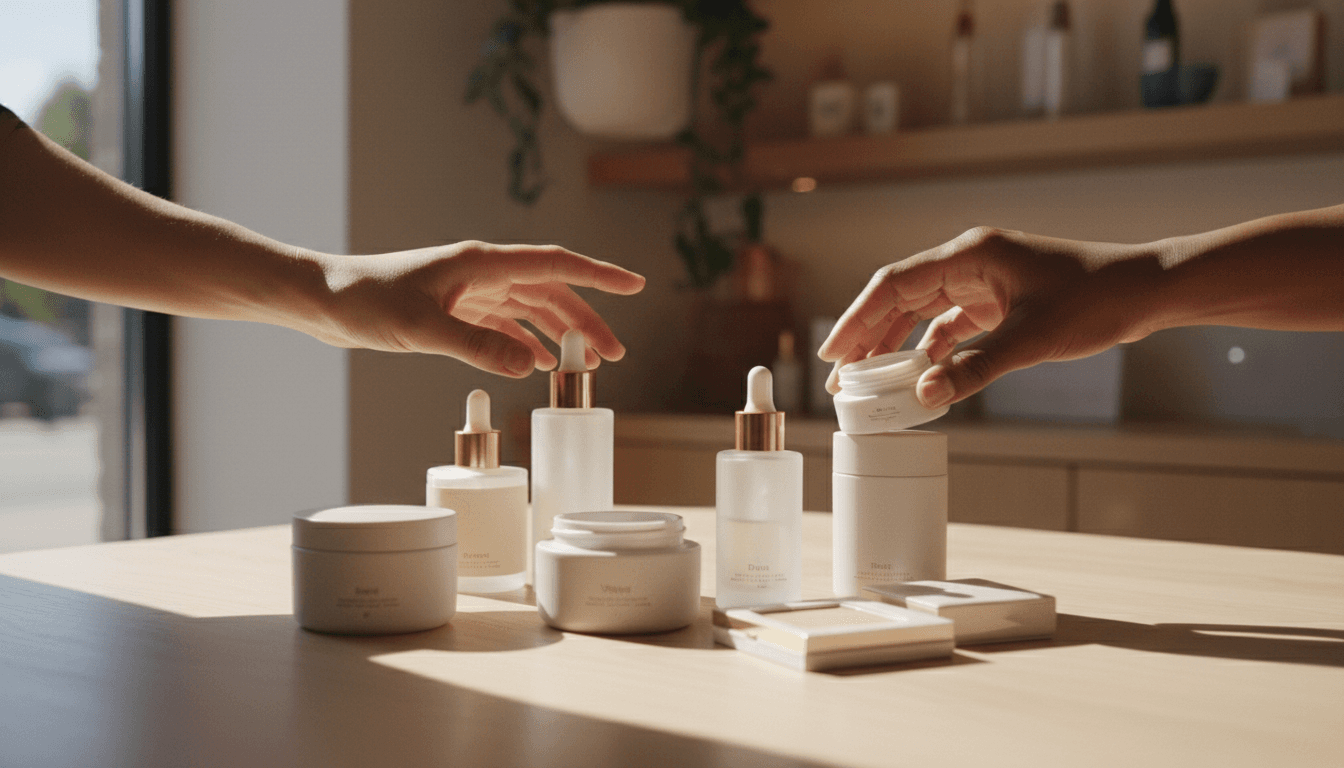 Hands holding premium beauty products in natural light