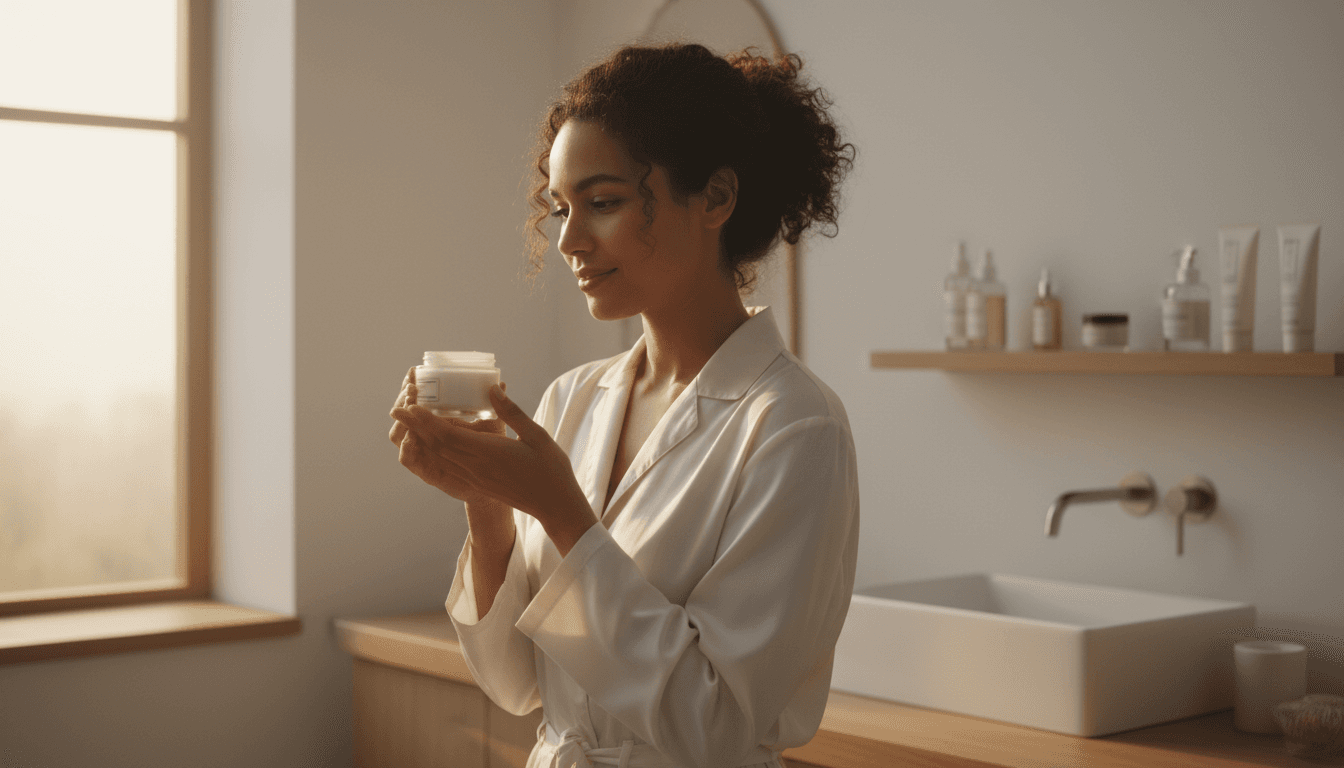 Woman examining beauty products in natural morning light at a modern vanity