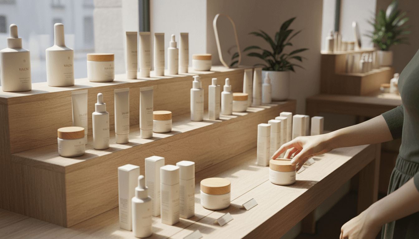 Customer browsing beauty products at YOB EMPATHY BEAUTY retail counter in Jelutong