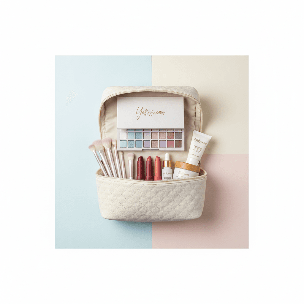 Organized beauty products in travel bag display